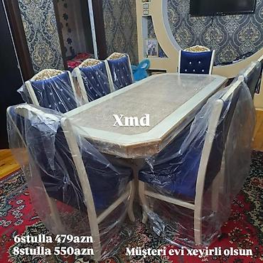 Masa və oturacaq dəstləri: Masa və 6 stul dəsti – Xmd • Komplekt: 1 yemək masası + 6 ədəd stul — 80