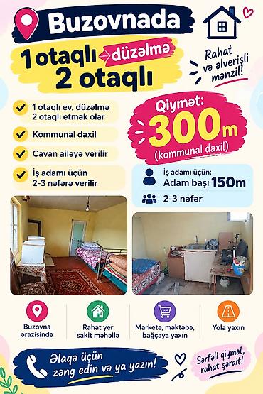 gence aydan market: Buzovnada kirayə mənzil - Plan: 1 otaqlı düzəlmə, 2 otaqlıya çevirmək — 1