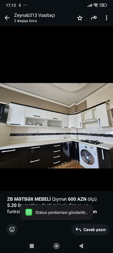 ağ qara mətbəx mebelləri: *ZB* *MƏTBƏX MEBELİ* Qiymət *600 AZN* ölçü *5.20* Bu mətbəx dəsti