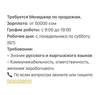 требуется продавец консультант без опыта: Должность: Менеджер по продажам(парни) Заработная плата: От 50000 сом