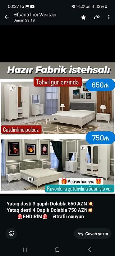 tum: *Yataq dəsti 3 qapılı Dolabla 650 AZN 💥* *Yataq dəsti 4 Qapılı Dolabla — 2