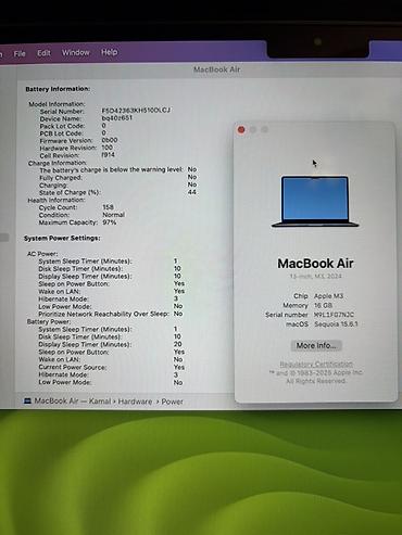apple macbook: Apple MacBook Air 13" M3 Çox az təzə alınanda istifadə olunub pil — 3
