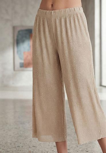 svecane pantalone i tunike: Ženske culotte pantalone – bež, plisirane sa diskretnim sjajem - — 1