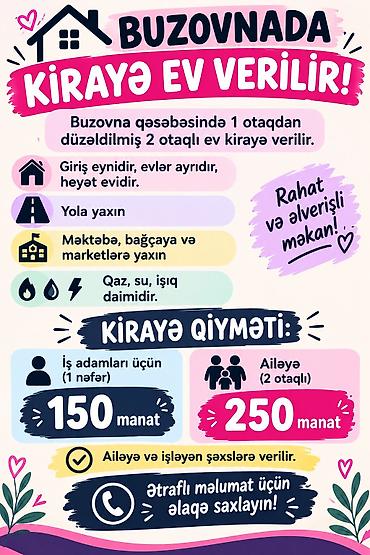 xirdalanda ev satisi: Buzovnada kirayə ev! Məzmun: - Buzovna qəsəbəsində 1 otaqdan — 1