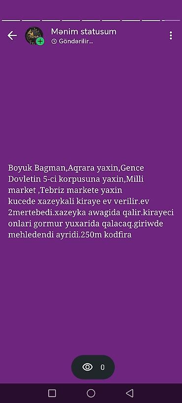 ev al: Kirayə ev – Böyük Bağman, Aqrar Universitetə yaxın, Gəncə Dövlət — 1