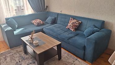 qara perde: Künc divan dəsti – mavi rəngdə, geniş və rahat L-formalı dizayn — 1