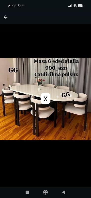 mebel materiali: Yemək otağı dəsti – masa + 6 ədəd stul. - Masa: oval/uzadılmış — 1