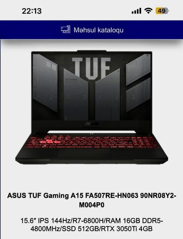 islenmis noutbuklar: İşlənmiş ASUS TUF Gaming, 18 ", AMD A12, 512 GB, Ünvandan götürmə