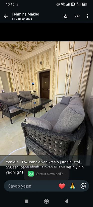 Yenidir. Toxunma divan kreslo jurnalni stol. 550azn. baha alınıb