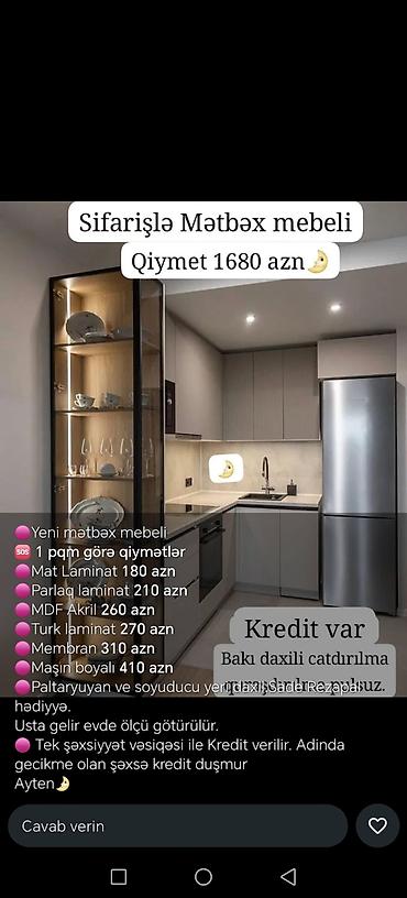 quxna mebili: Sifarişlə mətbəx dəsti, Özü çəkən petlələr, Mat laminat, Kredit var, Ödənişli çatdırılma — 1