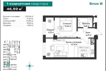 однокомнатная квартира цум: 1 бөлмө, 47 кв. м, Элитка, 4 кабат, ПСО (өзү оңдоп түзөтүп бүтүү үчүн)