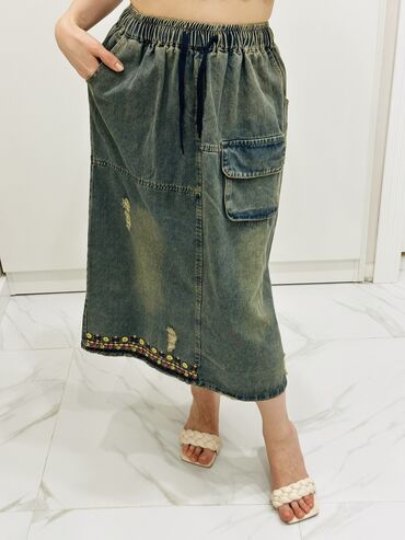Юбки: Юбка, Модель юбки: Трапеция, Макси, Джинс, По талии — 5