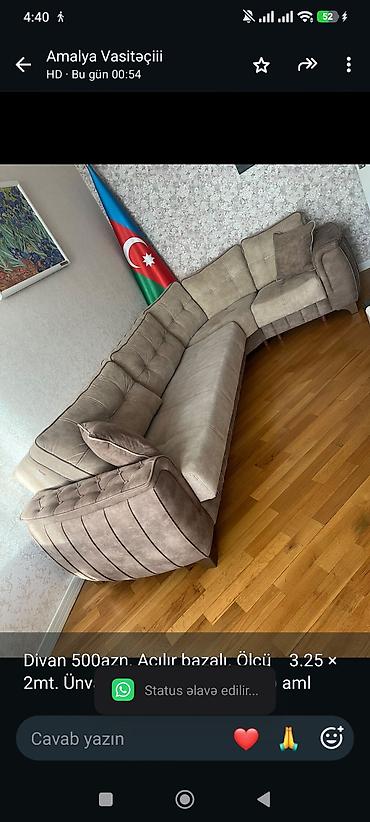 Divan 500azn. Açılır bazalı. Ölçü 3.25 × 2mt. Ünvan Həzi Aslanov