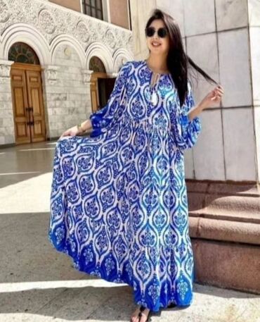 штапельный узбекские платья из штапеля: Повседневное платье, Турция, Лето, Длинная модель, Штапель, Бохо, 3XL (EU 46)