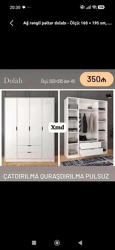 Ağ rəngli paltar dolabı Ölçü: 160 × 195 × 45 sm Qiymət: 350 ₼