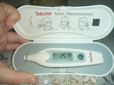 Нитриловые перчатки: Beurer Stirn-Thermometer – alından ölçən rəqəmsal termometr.Термометр