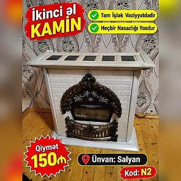 2 el odun sobası: İkinci əl kamin. Ağ rəngli korpus və kərpic naxışlı ön hissə ilə — 1