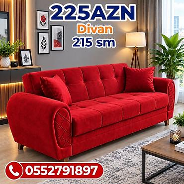 Qırmızı divan – 215 sm - Müasir dizayn: yumşaq, parlaq qırmızı rəng