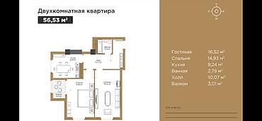 Продажа квартир: 2 комнаты, 56 м², Золотой квадрат Элитка, 13 этаж, ПСО (под самоотделку) — 1