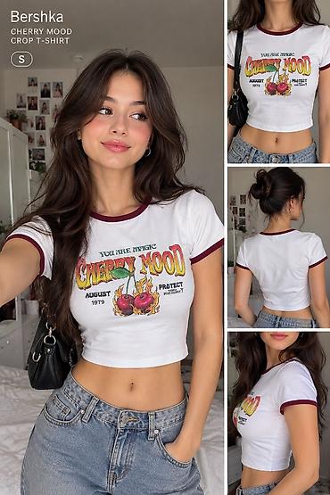 crop geyim: Bershka crop. - Rəng: ağ, qirmizi yaxa və qollarda kontrast rezin — 1