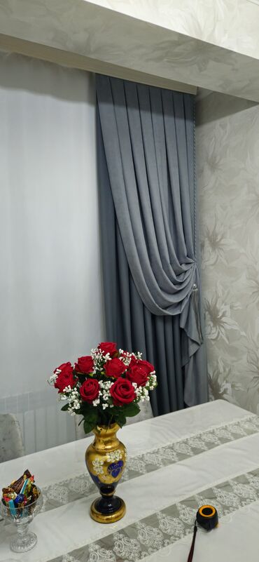 Pərdə və tüllər: Boz rəngli dekorativ pərdə dəsti - Modellər: klassik drapeli iki yana — 1