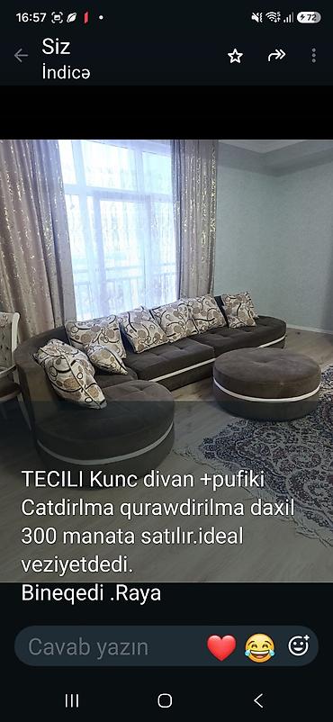 Təcili satılır: Künc divan + pufik - Şık dizaynlı, qəhvəyi rəngdə