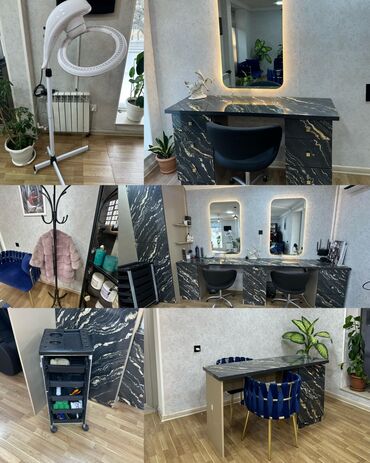 Salon, tibbi mebel dəsti: 3 saç masası 3 ledli güzgü 3 kreslo 6 refli böyüq şkaf 1 dırnaq masası