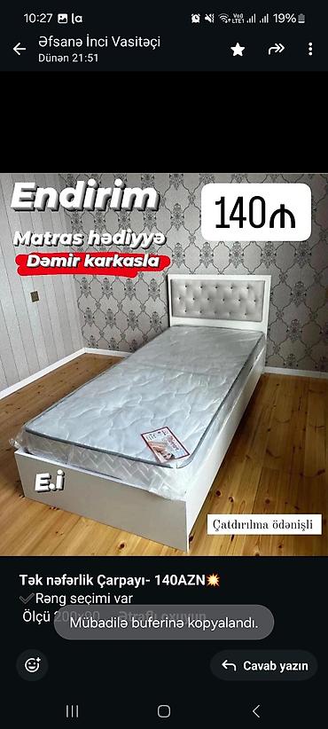 Sifarişlə mebel: *Tək nəfərlik Çarpayı - 140AZN💥* ✔️Rəng seçimi var Ölçü 200x90 — 1