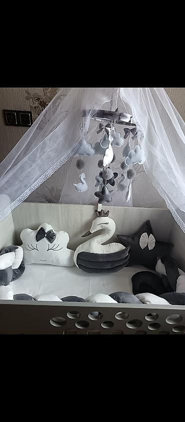 sade mebeller: Uşaq beşiyi – tam dəst - Rəng: boz-ağ gama - Material: taxta karkas — 2