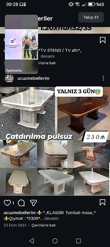 mebel stul: Klassik masa, Yeni, Açılmayan, Mərmər, Dördbucaq masa — 1