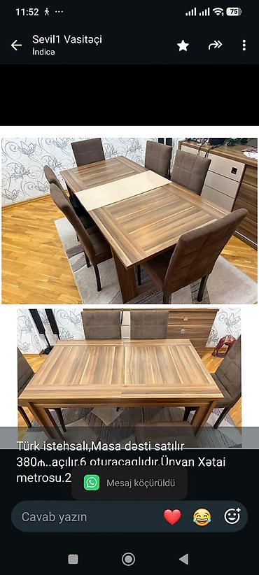 Türk istehsalı,Masa dəsti satılır 380₼. açılır,6 oturacaqlıdır.Ünvan