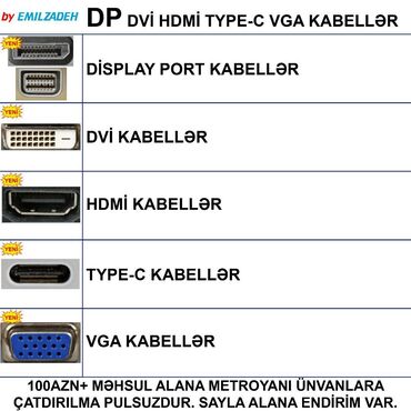 Monitorlar: HDMİ DVİ VGA Display Port Type-C USB Kabellər 🚚Metrolara və ünvana