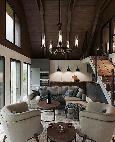 Tikinti işləri: «Barn House»: ▸ 60 m² — 2 yataq otağı, zal, studio tipli mətbəx — 3