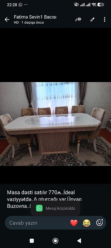 Masa dəsti satılır 770₼. İdeal vəziyyətdə. 6 oturcağı var.Ünvan