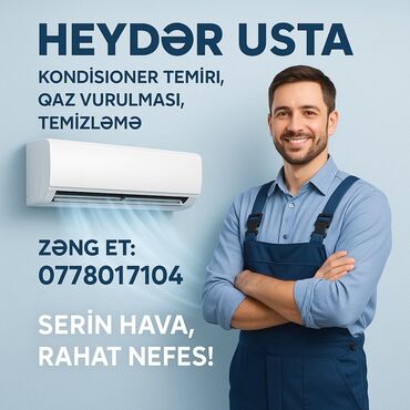 Kondisionerlər: Təmir, Split kondisionerlər, Təmizləmə, Zəmanətlə, Pulsuz diaqnostika