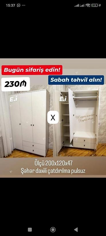 borular: Ağ rəngdə üç qapılı paltar şkafı - Ölçü: 200 x 120 x 47 sm - Daxili — 1