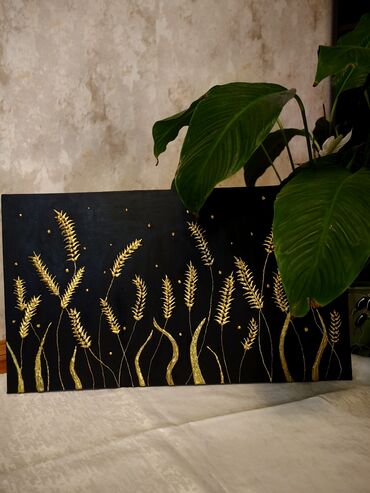 Şəkillər, tablolar: Əl işim "Sünbüllər" dekorativ tablo – qara fon üzərində qızılı sünbül — 4