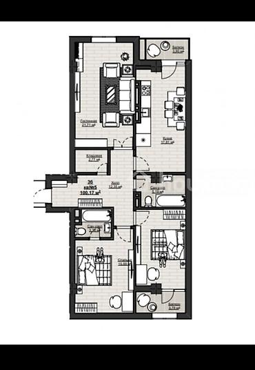 14: 3 комнаты, 100 м², Асанбай мкр Элитка, 12 этаж, ПСО (под самоотделку) — 2