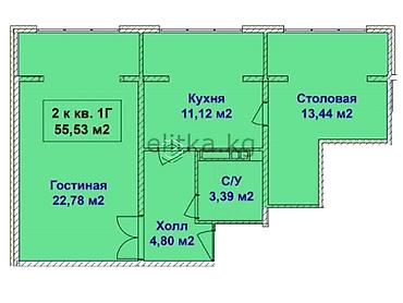 69: 1 комната, 55 м², Чон-Арык с. Элитка, 7 этаж, ПСО (под самоотделку) — 1