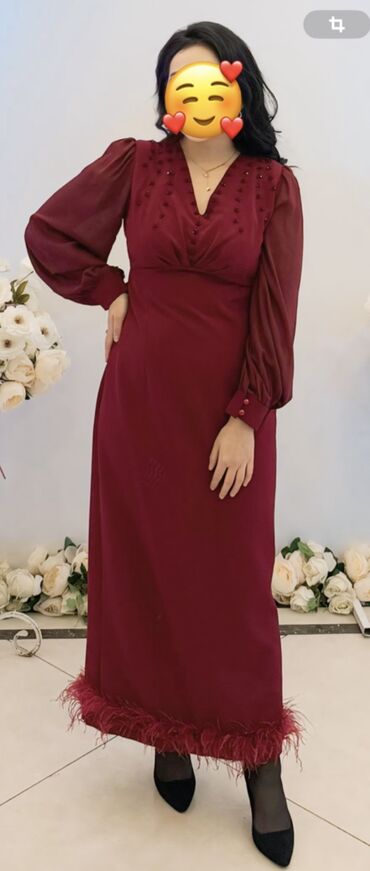 коктейльные платья бордового цвета: Вечернее платье, Классическое, Длинная модель, Шифон, С рукавами, Камни, Перья, Стразы, XL