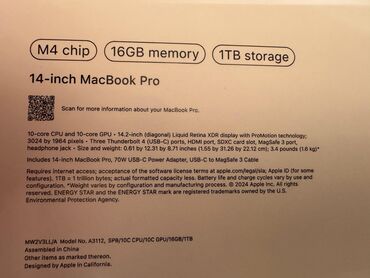 нетбук бу: Ноутбук, Apple, 16 ГБ ОЗУ, Apple M4 Pro, 14 ", Б/у