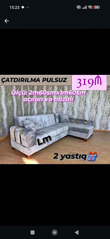 Künc divan – açılan və bazalı model - Ölçü: 2 m 60 sm x 1 m 60 sm -