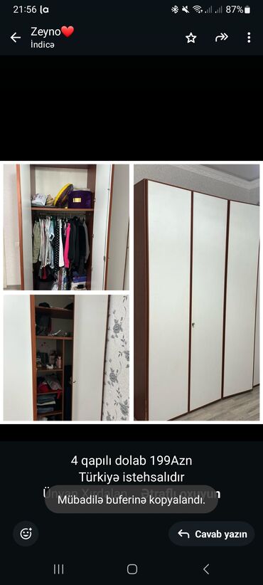 xirdalan corek zavodu: 4 qapılı dolab 199Azn Türkiyə istehsalıdır Ünvan Xırdalan 685a