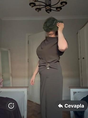 Qadın geyimi – zeytun boz rəngli uzun don - Model: beldən qurşaqlı