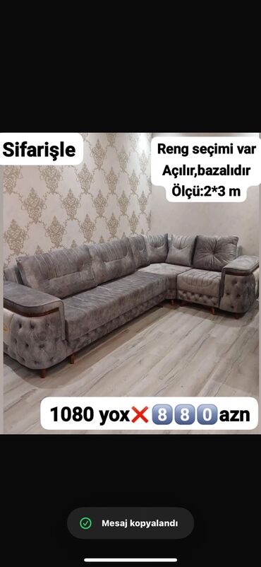 Yataq otağı dəstləri: Künc divan, İşlənmiş, Açılan, Bazalı