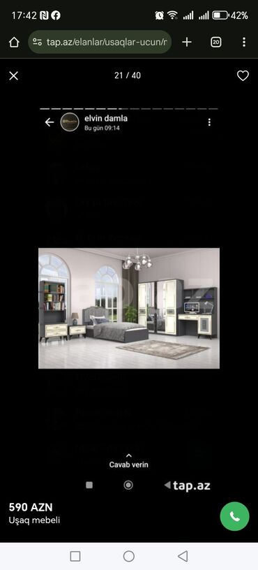 Uşaq və gənc otağı üçün dəstlər: Oğlan və qız üçün, Təknəfərlik çarpayı, Yazı masası — 13