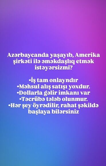 Başqa xidmətlər: Azərbaycanda yaşayaraq Amerika şirkəti ilə əməkdaşlıq etmək imkanı