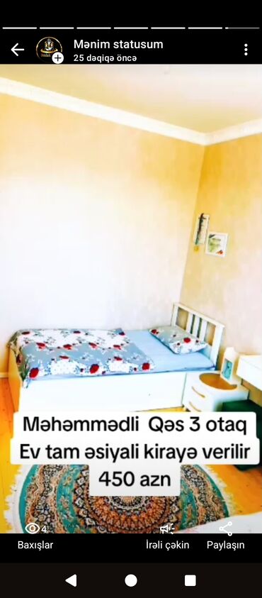 Qarajlar: Məhəmmədli qəsəbəsində 3 otaqlı, tam əşyalı mənzil kirayə verilir