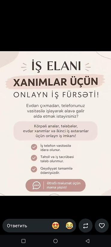 qebele iş elanları 2026: Onlayn iş fürsəti – yalnız xanımlar üçün Evdən çıxmadan, yalnız — 1