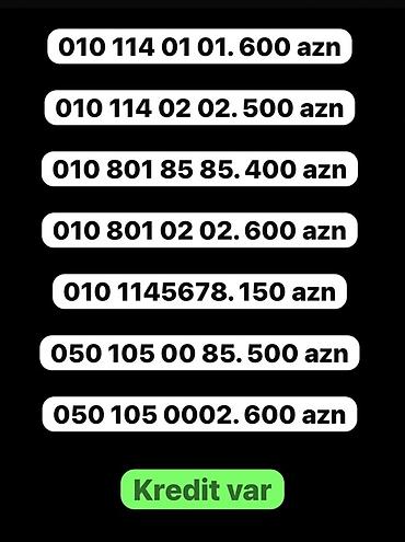 Avtomobil satışı: VIP nömrələr satılır: - 010 114 01 01 — 600 AZN - 010 114 02 02 — 500 — 1
